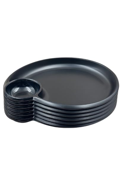 GURUBHAI EQUIPMENTS Black Melamine Round Serving Plates with Built-in Dip Bowl | Durable Snack & Starter Plates for Sauce, Chutney, Ketchup | for Home, Café & Restaurant Use | Set of 6