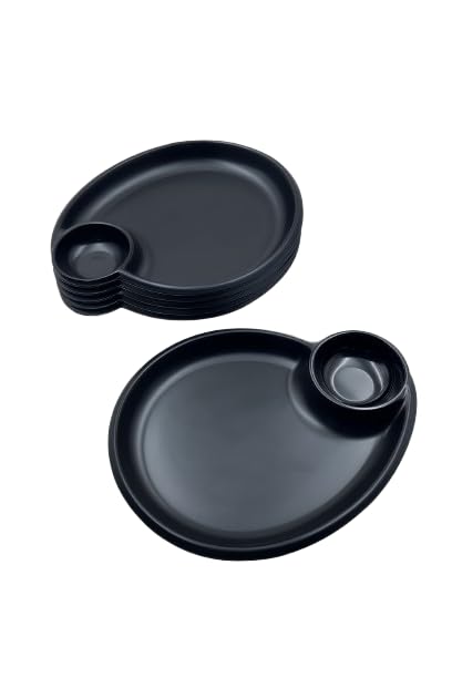 GURUBHAI EQUIPMENTS Black Melamine Round Serving Plates with Built-in Dip Bowl | Durable Snack & Starter Plates for Sauce, Chutney, Ketchup | for Home, Café & Restaurant Use | Set of 6
