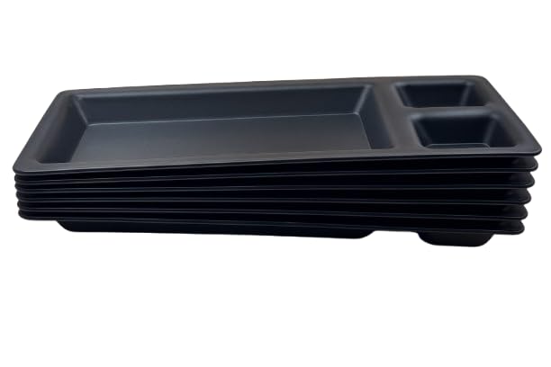 GURUBHAI EQUIPMENTS Black Plastic Rectangular Serving Plates with 3 Compartments | Multi-Section Snack & Starter Tray for Sauce, Chutney & Snacks | for Home, Hotel & Restaurant Use (Set of 6)