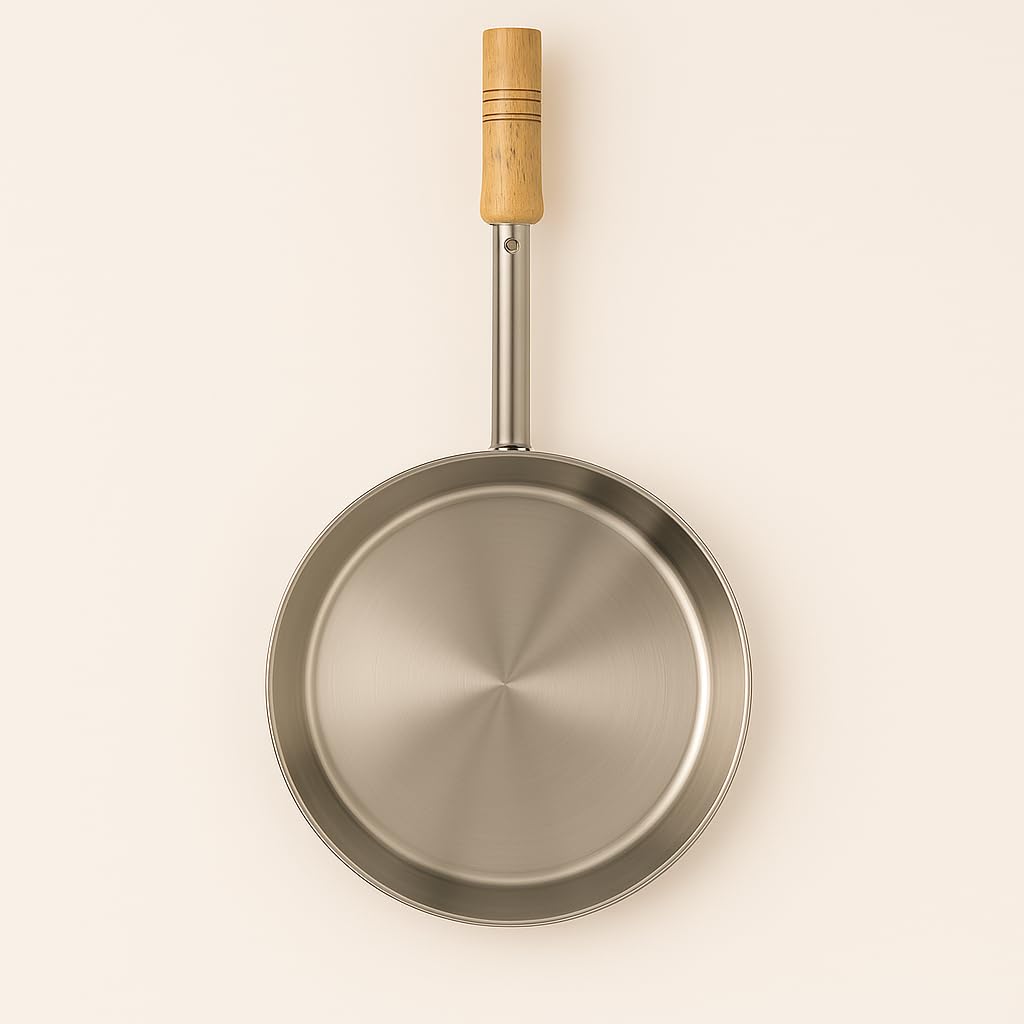GURUBHAI EQUIPMENTS Stainless Steel Frying Pan with Wooden Handle | 28 cm Heavy-Duty Fry Pan for Gas | Ideal for Indian Cooking