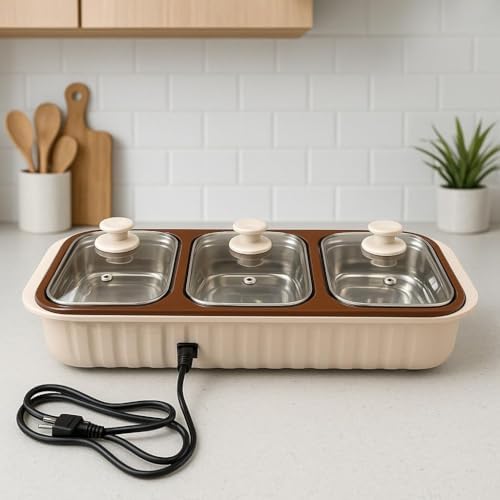 Gurubhai Equipments 3 Bowl Electrical Serving Casserole Chafing Dish,1100ml Each | Stainless Steel 3 Dish Food Buffet Server | 3 in 1 Electric Chafing Dish for Reheating Food, Beige