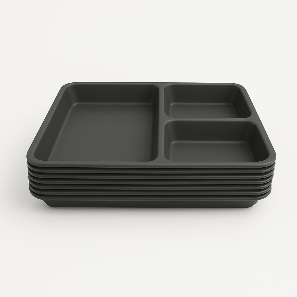 GURUBHAI EQUIPMENTS Plastic Pav Bhaji Plate 3 in 1 Partition Compartment Plate Set of 6 (23x23 Cm)