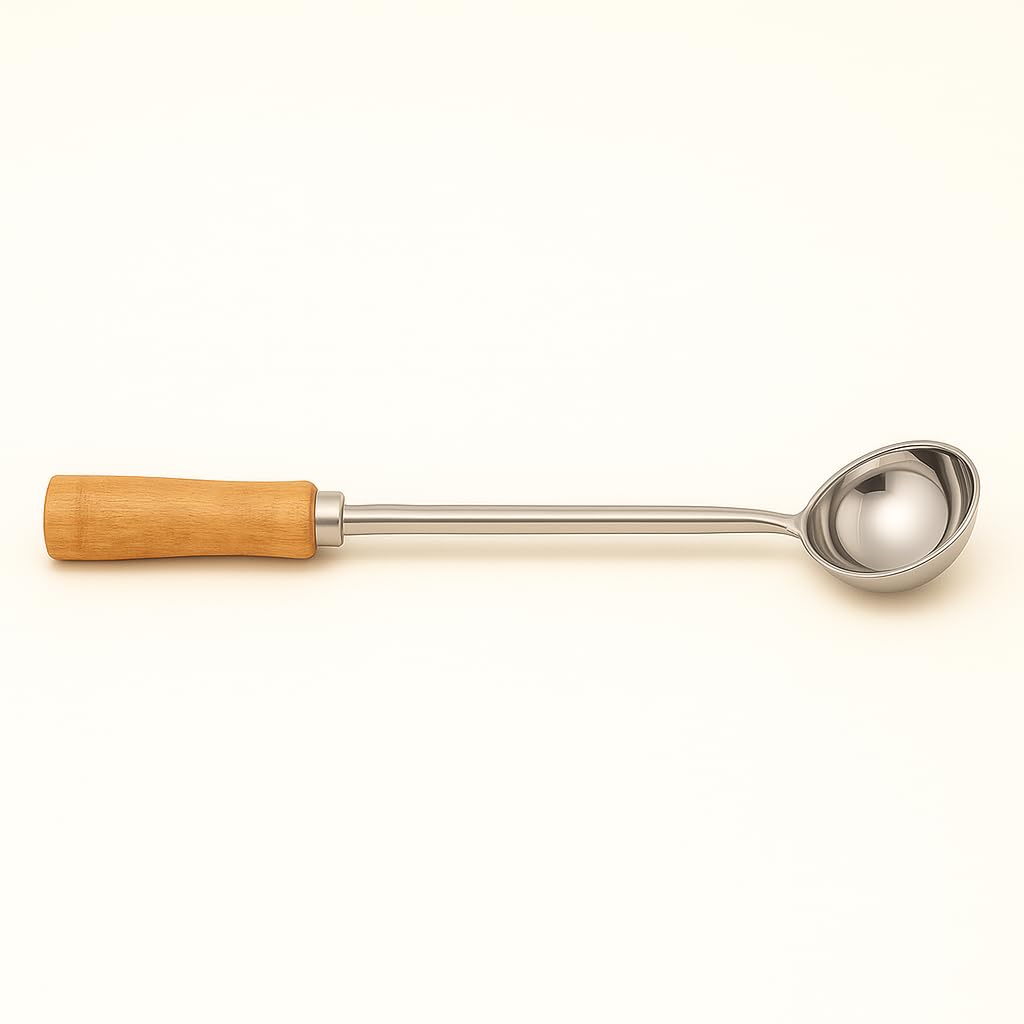 Gurubhai Equipments Stainless Steel Ladle with Wooden Handle – Heavy-Duty Serving Ladel Spoon for Soup, Curry & Gravies | Heat-Resistant Kitchen Utensil for Home & Commercial Use