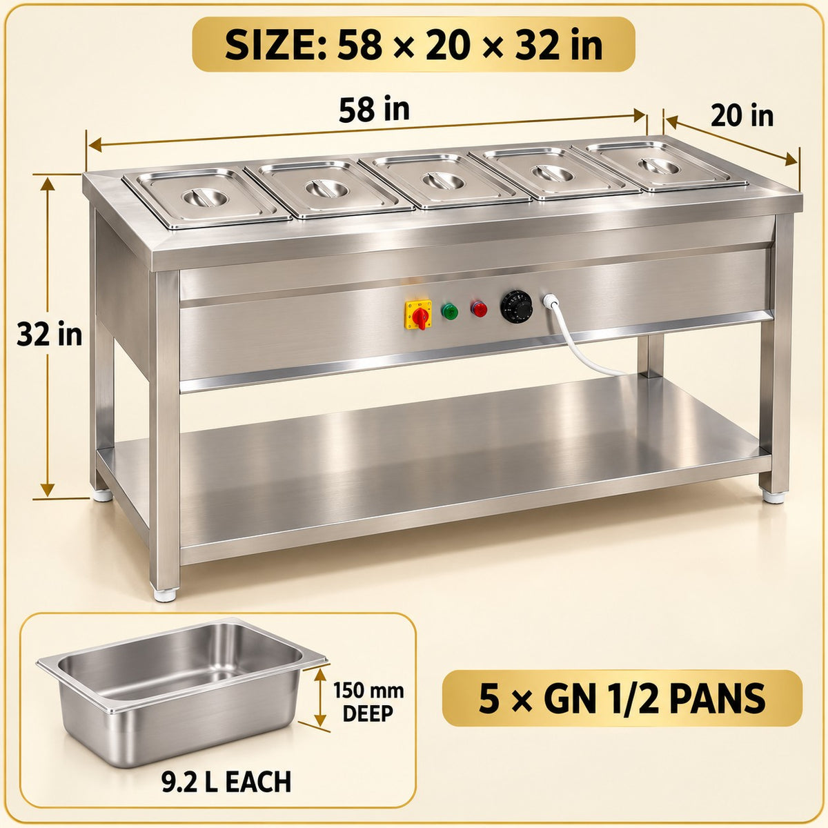 5 GN 1/2 Pan Electric Bain Marie – 36 × 20 × 32 in