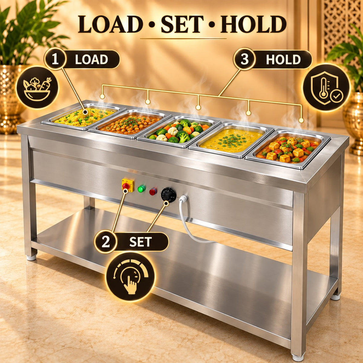 5 GN 1/2 Pan Electric Bain Marie – 36 × 20 × 32 in