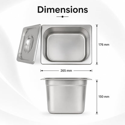 GURUBHAI EQUIPMENTS GN Pan 1/6 Size – 150mm (6" Deep) Stainless Steel Gastronorm Food Container with Lid | Commercial Kitchen, Hotel & Restaurant Use | Durable & Rust-Resistant
