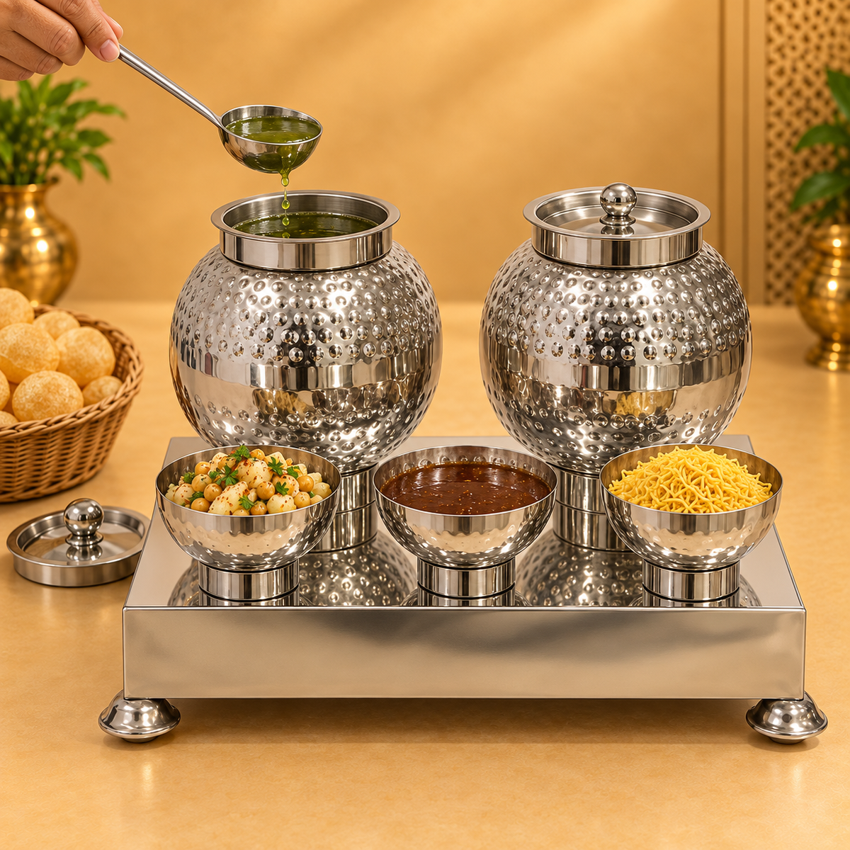 Gurubhai Equipments SS Pani-Puri Matka Hammer Set – 5 Piece, Matka capacity 10ltr. – In Use