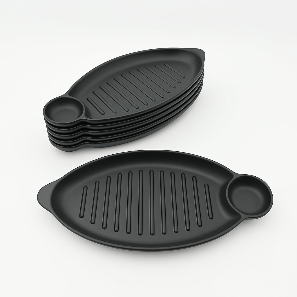 GURUBHAI EQUIPMENTS Melamine Serving Platter – Set of 6 | Unbreakable Bat Platter/Trays for French Fries, Momos, Rolls, Snacks & Desserts | Stylish & Durable Platters for Home, Cafés & Restaurants