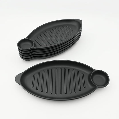 GURUBHAI EQUIPMENTS Melamine Serving Platter with Dip Section – Set of 6 | Rectangular Grill Tray for Tikka, Momos, French Fries & Snacks | Unbreakable | Stylish Party Serving Plate | Black
