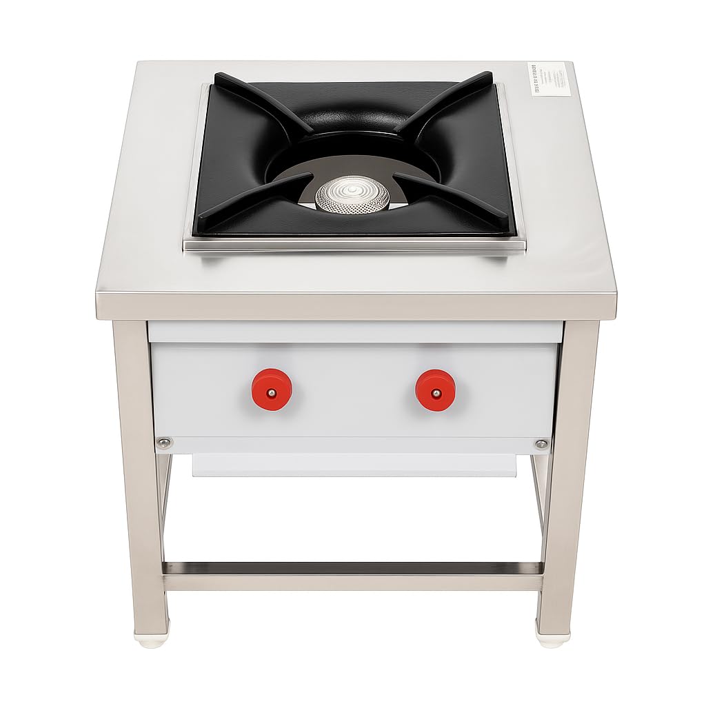 Gurubhai Equipments Stainless Steel Single Burner Bhatti Stove – Heavy-Duty Stock Pot Gas Range with Cast Iron Top & Control Valves | Ideal for Commercial Kitchen, Hotel & Restaurant Use
