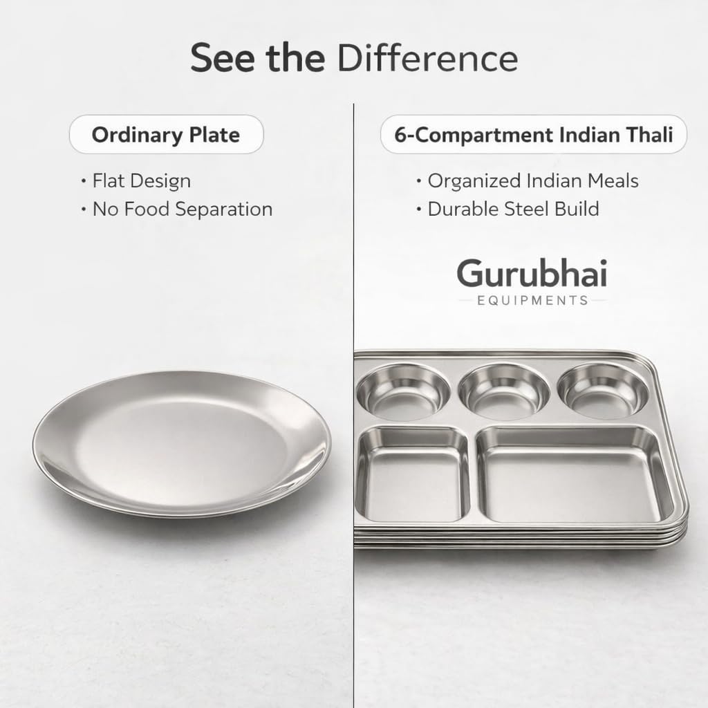 GURUBHAI EQUIPMENTS Stainless Steel Compartment Thali Plates with Sections | Durable Partition Plates for Mess, Canteen, Hostel & Home Dining