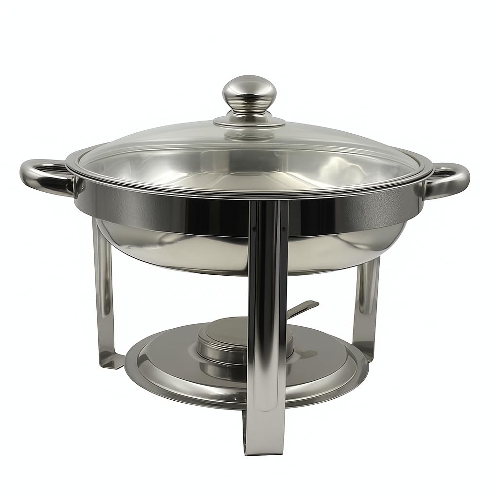 Gurubhai Equipments Premium Gold Finish Chafing Dish with Lid – Round Buffet Food Warmer with Fuel Burner | Elegant Hot Serving Chafer for Catering, Hotel, Restaurant & Party Use