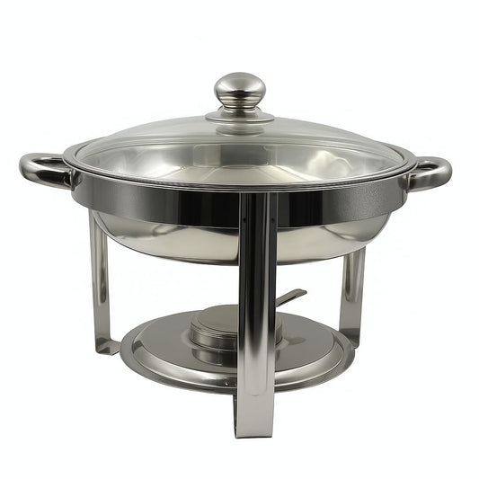 Gurubhai Equipments Stainless Steel Chafing Dish with Glass Lid – Round Buffet Food Warmer with Fuel Burner | Elegant Hot Food Server for Hotel, Catering, Restaurant & Home Use