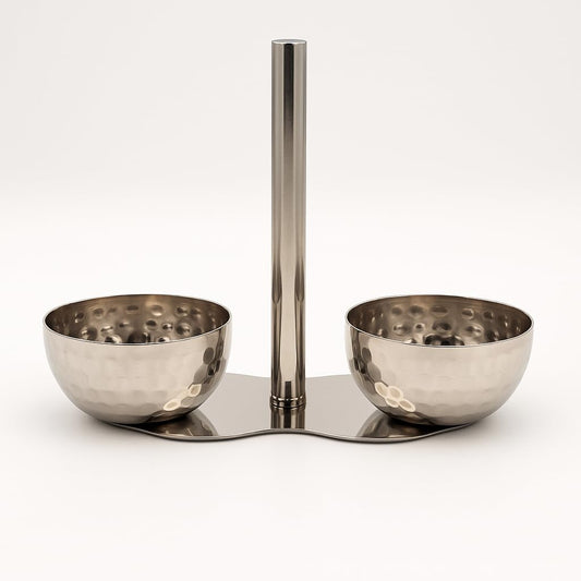 GURUBHAI EQUIPMENTS Stainless Steel Mukhwas Holder Set of 2 – Double Bowl Mouth Freshener Stand with Center Handle | Elegant Tabletop Mukhwas & Dry Fruit Server for Home, Hotel & Restaurant Use