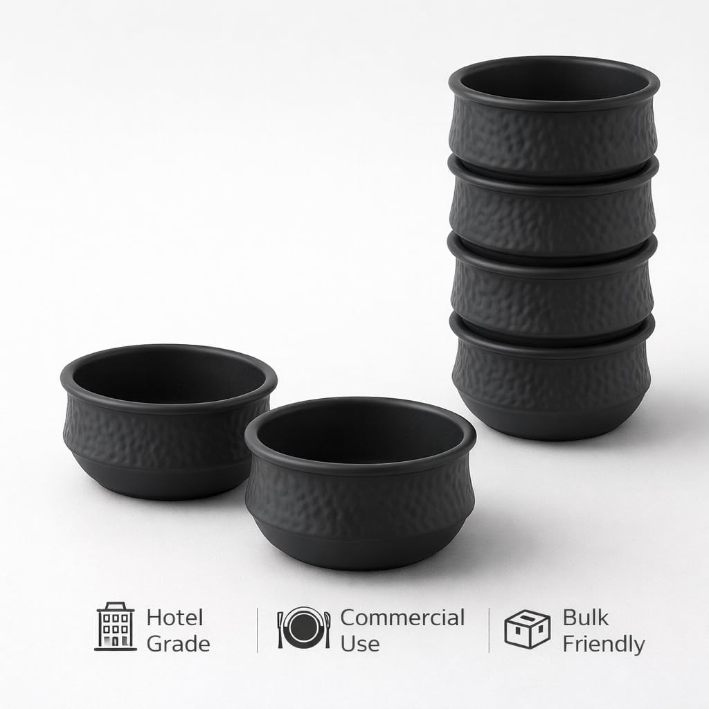 GURUBHAI EQUIPMENTS Melamine Gravy Serving Bowls with Handles | Durable Heat-Resistant Serving Dish for Curry, Dal, Sabzi & Starters | for Home, Hotel & Restaurant Use | Black Finish (Handi-PK6)