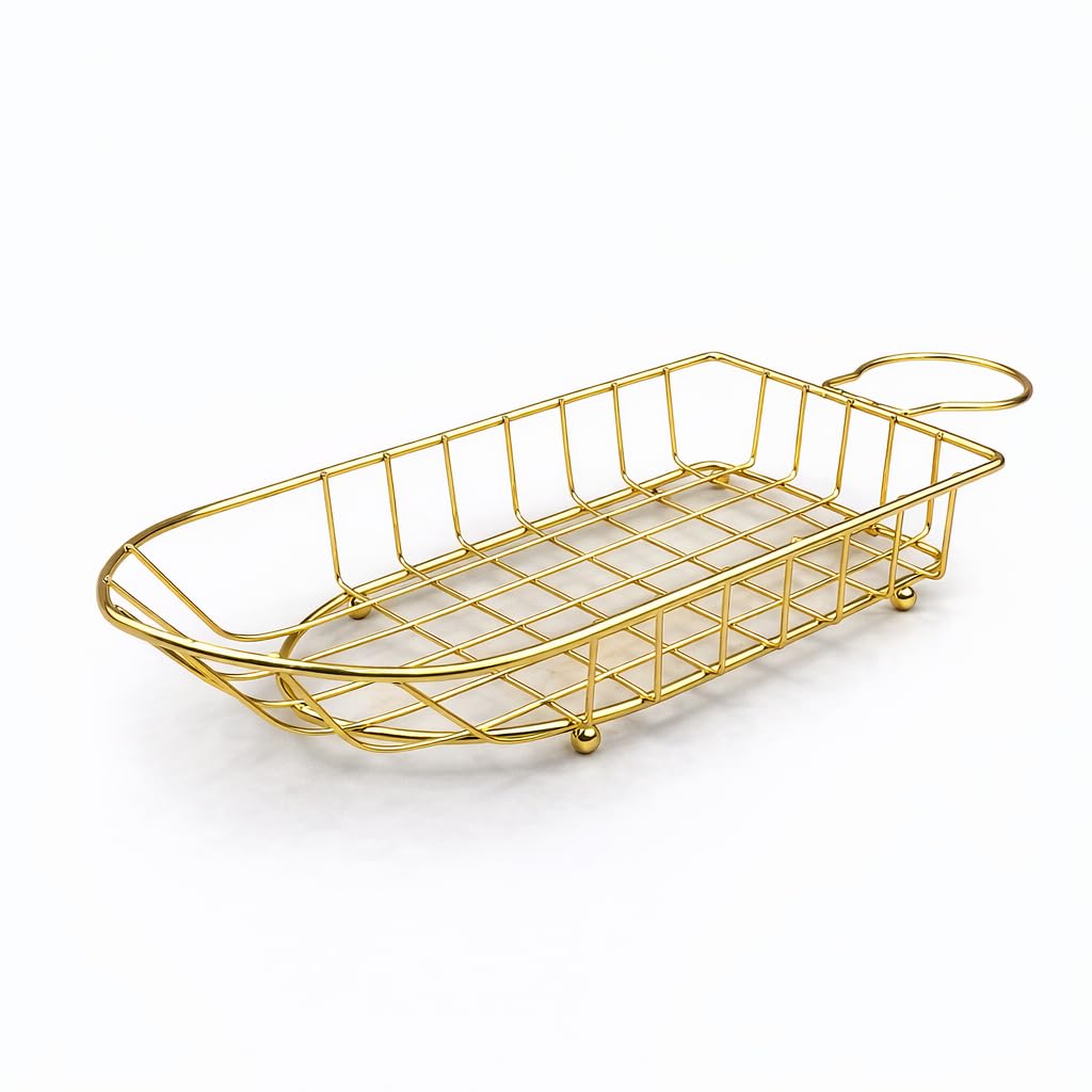 Gurubhai Equipments Gold Metal Serving Basket with Handle | Premium French Fries & Snack Serving Tray | Luxury Restaurant Bread & Starter Basket for Home, Cafe & Hotel (Golden)