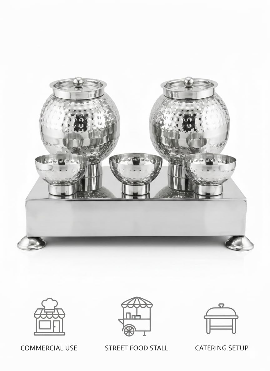Gurubhai Equipments Hammered Stainless Steel Pani Puri Matka Set – 2 Water Matkas & 3 Serving Bowls