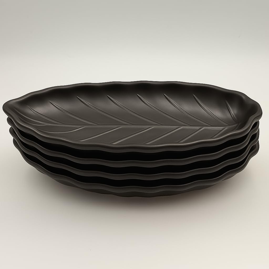 GURUBHAI EQUIPMENTS Leaf-Shaped Melamine Platter Set of 6 | 28cm Decorative Serving Trays for Snacks, Appetizers & Desserts | Matte-Finish Serving Platter for Home, Parties & Restaurants