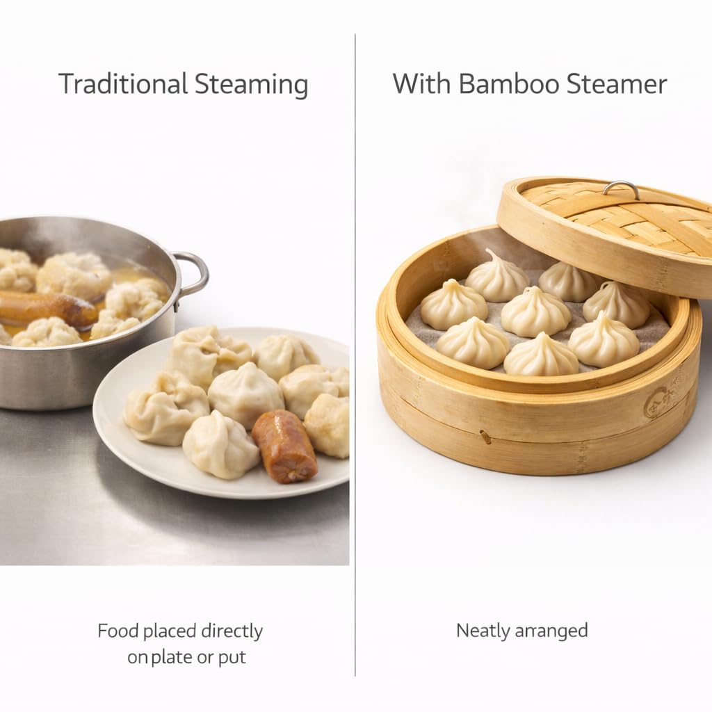 Gurubhai Equipments Bamboo Steamer Basket with Lid | Natural Gurubhai Equipments Bamboo Food Steaming Basket for Momos, Dumplings, Idli & Vegetables | Multipurpose Kitchen & Restaurant Use (26 CM)
