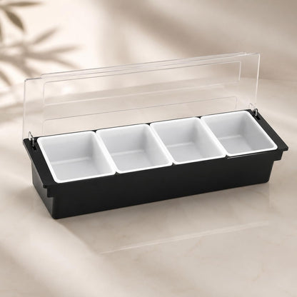 GURUBHAI EQUIPMENTS 4-Compartment Condiment Dispenser with Lid | Salad Bar Container for Restaurant, Buffet, Catering & Home Use | Food Prep Station Organizer with Removable Containers