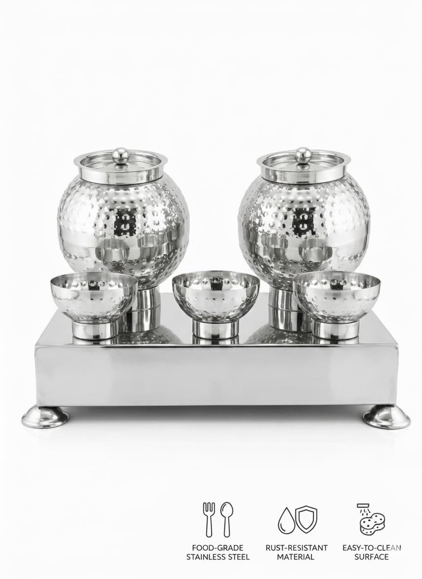 Gurubhai Equipments Hammered Stainless Steel Pani Puri Matka Set – 2 Water Matkas & 3 Serving Bowls