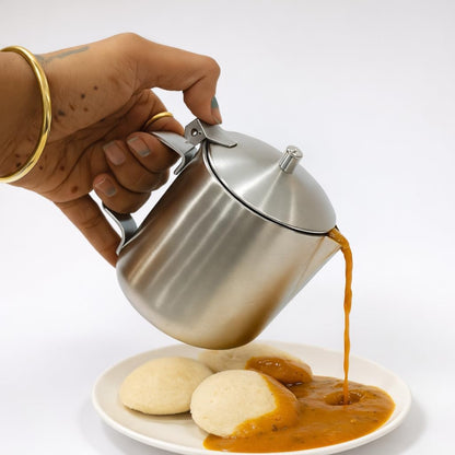 Gurubhai Equipments Stainless Steel Sambar & Sauce Serving Jug with Lid (SMBHR-SRV-POT-300ML)