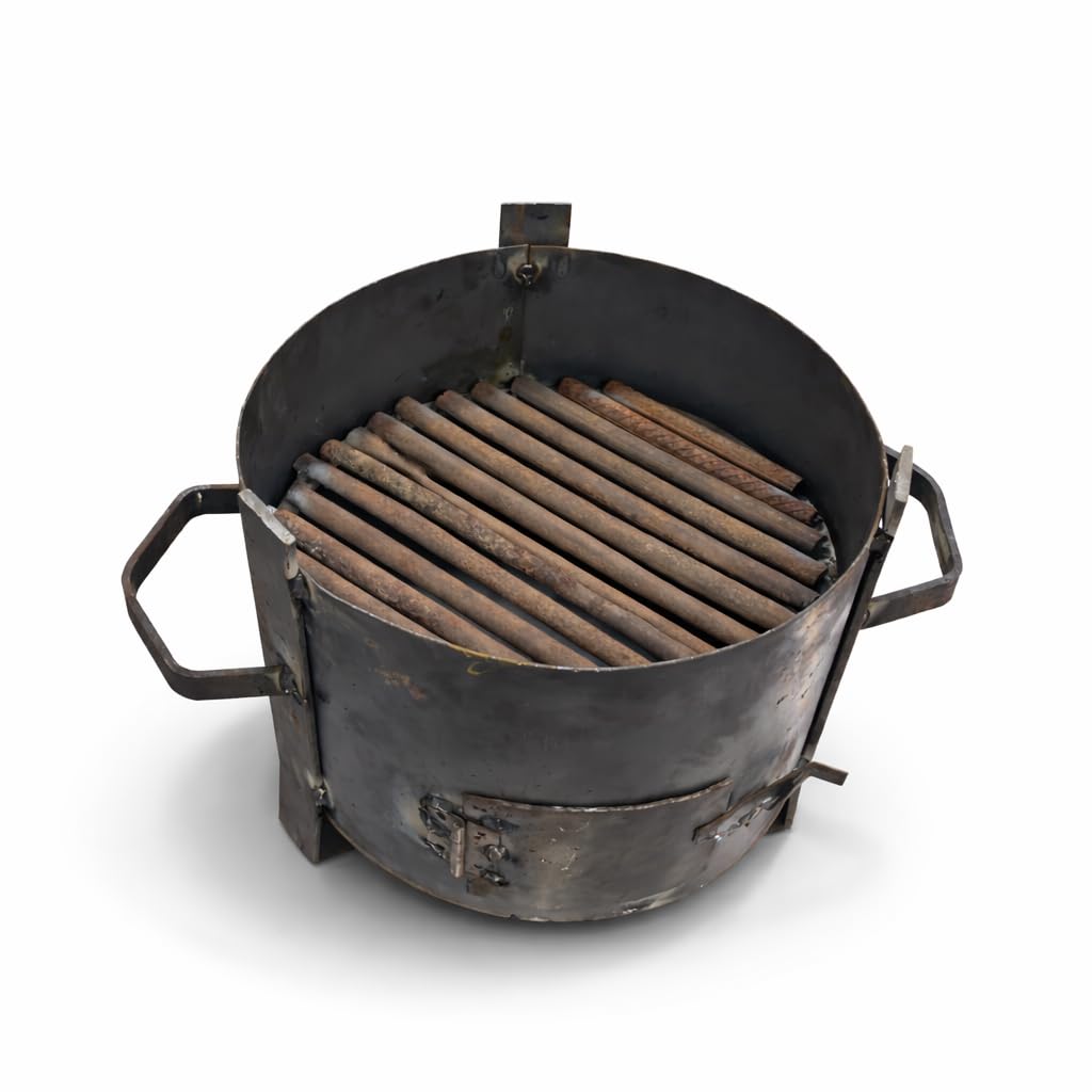 Gurubhai Equipments Heavy Gauge Iron Charcoal Sigdi | 11 Inch Round BBQ Coal Stove with Grill Rods | Portable Bhatti for Tandoor, Barbecue & Street Food Use | Strong Handles & Air Vent Door