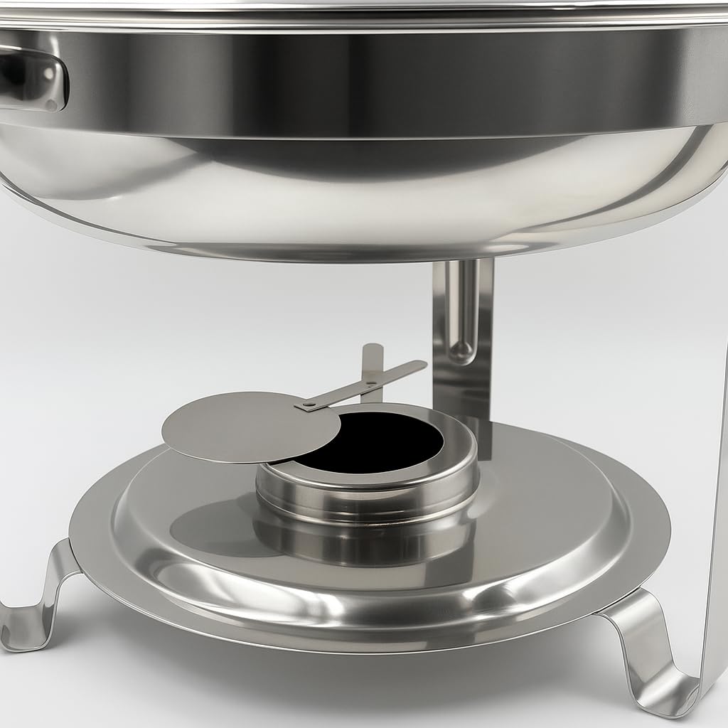 Gurubhai Equipments Premium Gold Finish Chafing Dish with Lid – Round Buffet Food Warmer with Fuel Burner | Elegant Hot Serving Chafer for Catering, Hotel, Restaurant & Party Use
