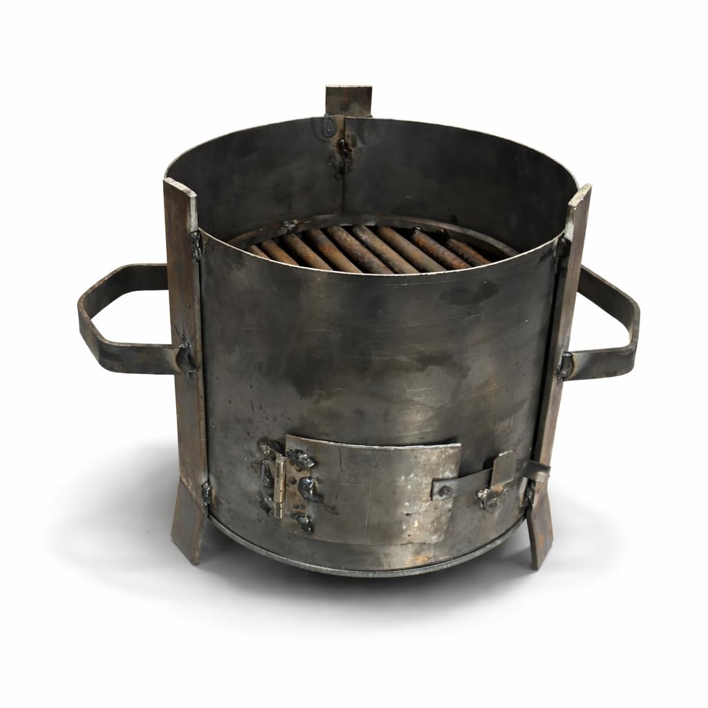 Gurubhai Equipments Heavy Gauge Iron Charcoal Sigdi | 11 Inch Round BBQ Coal Stove with Grill Rods | Portable Bhatti for Tandoor, Barbecue & Street Food Use | Strong Handles & Air Vent Door
