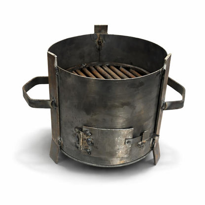 Gurubhai Equipments Heavy Gauge Iron Charcoal Sigdi | 11 Inch Round BBQ Coal Stove with Grill Rods | Portable Bhatti for Tandoor, Barbecue & Street Food Use | Strong Handles & Air Vent Door