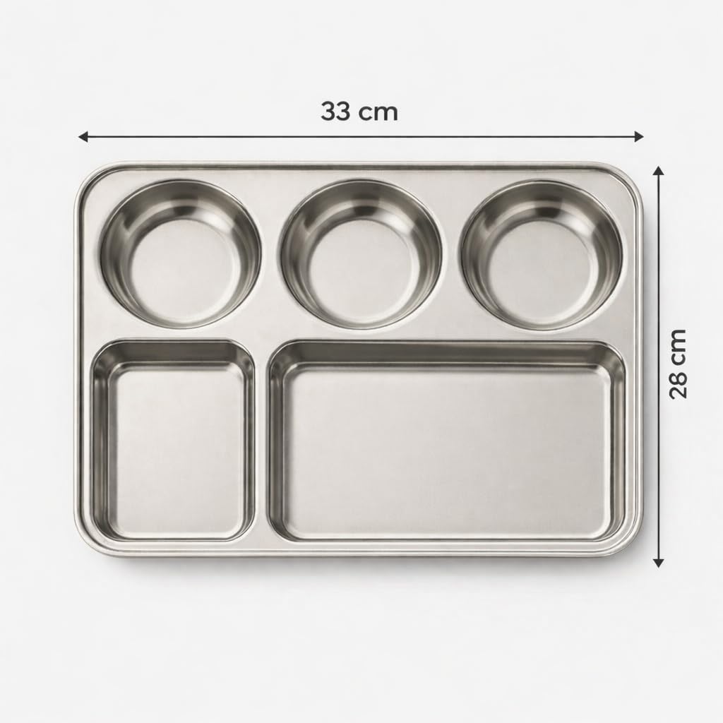 GURUBHAI EQUIPMENTS Stainless Steel 6 Compartment Indian Thali Dinner Plate Set of 6 for Roti, Rice, Dal & Sabzi | Heavy Duty Food-Grade Steel Plates for Home & Restaurant