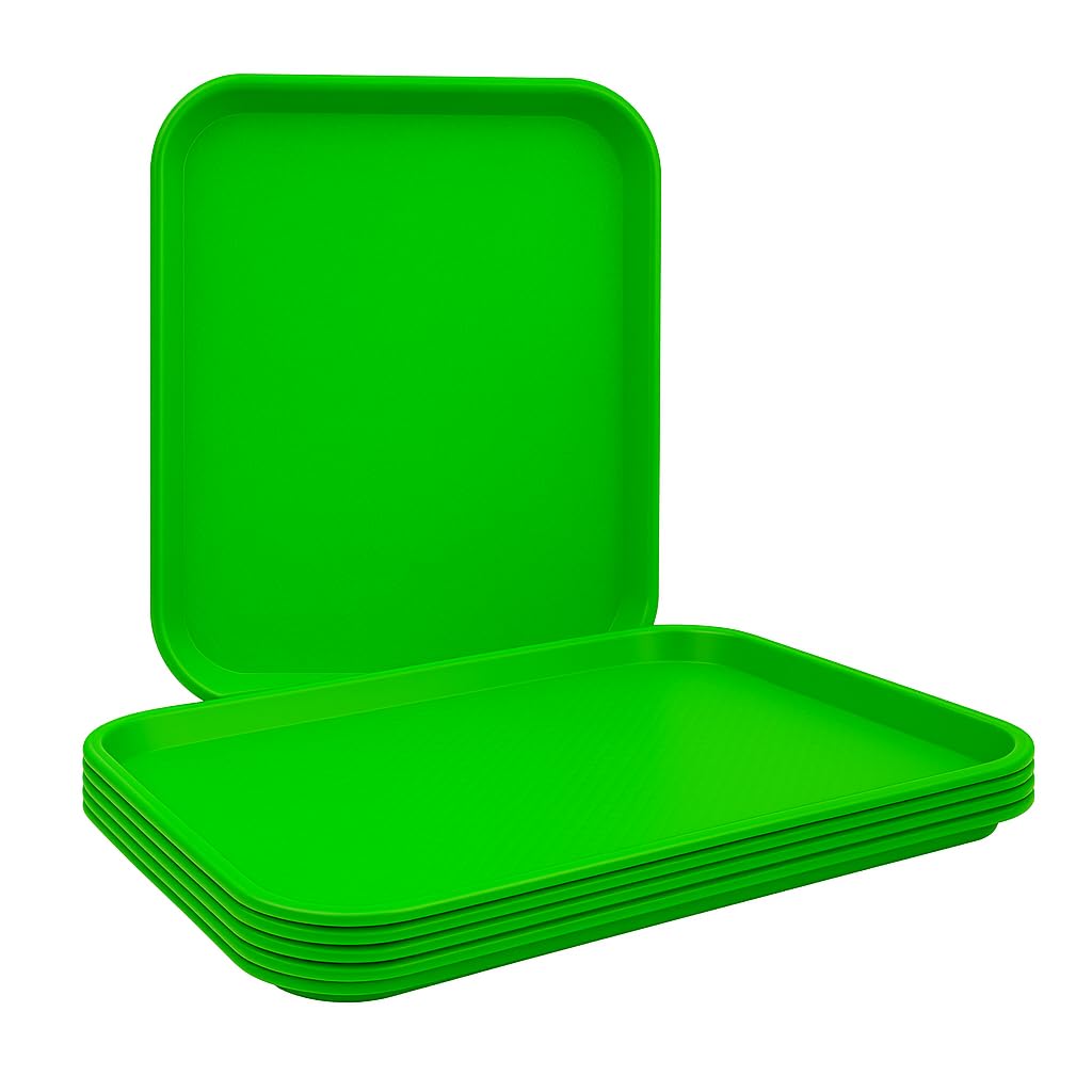 Gurubhai Equipments 31x41 cm Green Plastic Serving Tray – Set of 6 Heavy-Duty Rectangular Fast Food Trays for Restaurant, Cafeteria, Kitchen & Home Use | Easy-to-Clean, Non-Slip Food Serving Trays