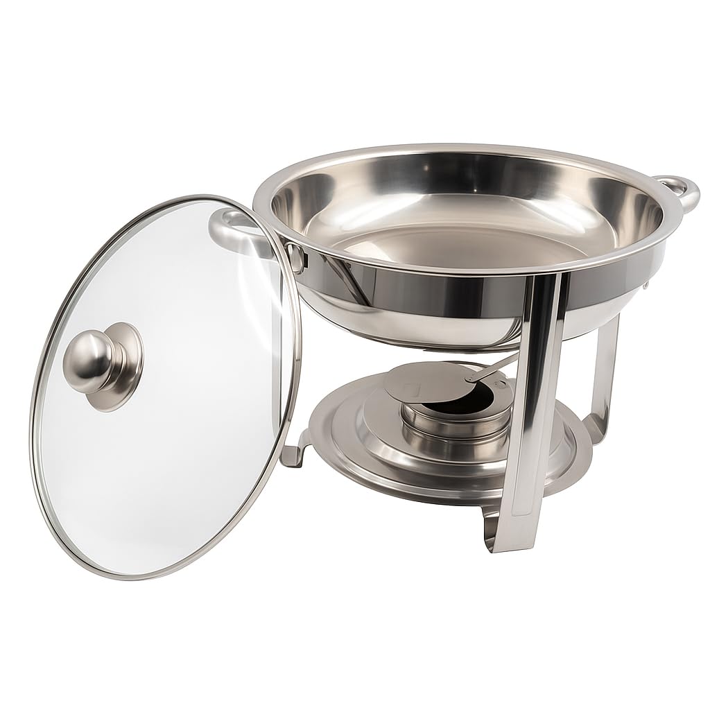 Gurubhai Equipments Premium Gold Finish Chafing Dish with Lid – Round Buffet Food Warmer with Fuel Burner | Elegant Hot Serving Chafer for Catering, Hotel, Restaurant & Party Use