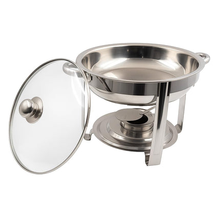 Gurubhai Equipments Stainless Steel Chafing Dish with Glass Lid – Round Buffet Food Warmer with Fuel Burner | Elegant Hot Food Server for Hotel, Catering, Restaurant & Home Use