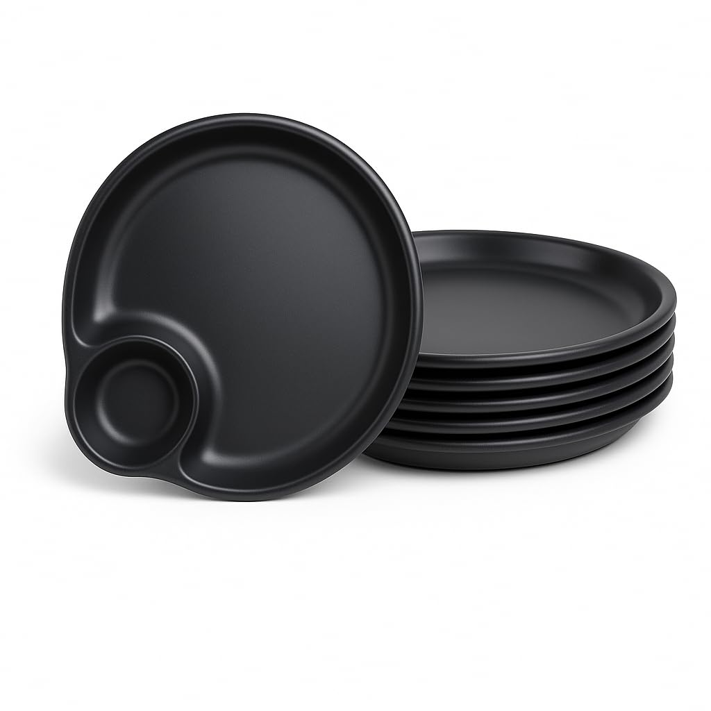 GURUBHAI EQUIPMENTS Black Melamine Round Serving Plates with Built-in Dip Bowl | Durable Snack & Starter Plates for Sauce, Chutney, Ketchup | for Home, Café & Restaurant Use | Set of 6