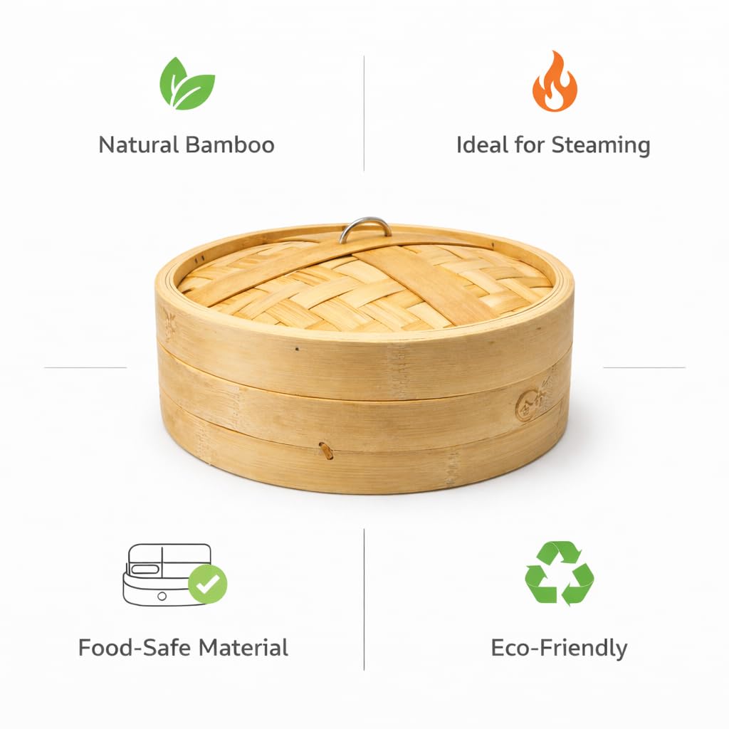 Gurubhai Equipments Bamboo Steamer Basket with Lid – 1 Tier Round | Traditional Wooden Steamer for Momos, Dim Sum, Dumplings & Vegetables | Eco-Friendly Bamboo Food Steamer for Healthy Cooking