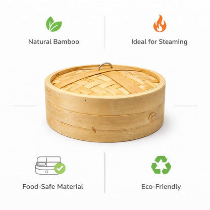 Gurubhai Equipments Bamboo Steamer Basket with Lid – 1 Tier Round | Traditional Wooden Steamer for Momos, Dim Sum, Dumplings & Vegetables | Eco-Friendly Bamboo Food Steamer for Healthy Cooking
