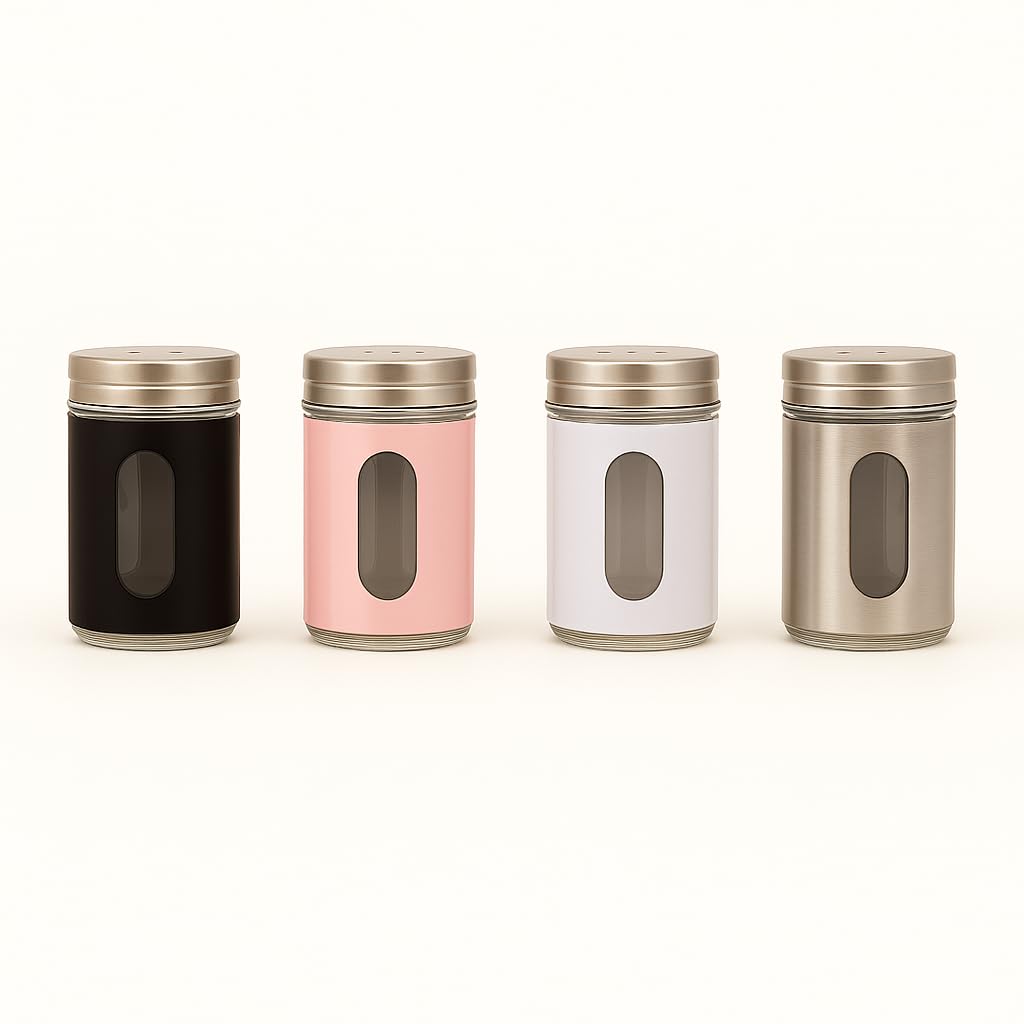 Gurubhai Equipments Salt & Pepper Shaker Set - 4 Piece Glass Seasoning Dispenser Bottles & Transparent Window | Tabletop Salt and Paper Dispenser for Kitchen & Dining Use (Multicolour)