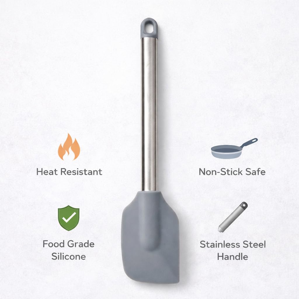 Silicone Spatula with Stainless Steel Handle | Heat-Resistant Grey Kitchen Utensil for Cooking, Baking & Mixing