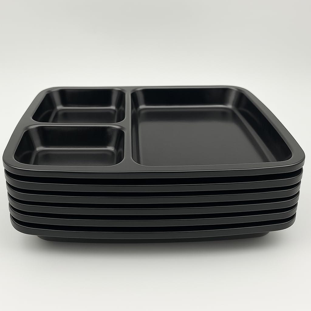 GURUBHAI EQUIPMENTS Melamine Pav Bhaji Plate – Set of 6 Durable Break-Resistant 3-Section Tray for Serving Pav Bhaji, Snacks, Chutneys | Easy-to-Clean Compartment Plate for Restaurants & Home