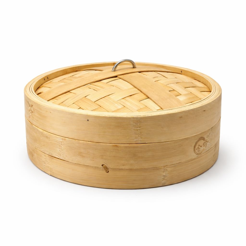 Gurubhai Equipments Bamboo Steamer Basket with Lid | Natural Gurubhai Equipments Bamboo Food Steaming Basket for Momos, Dumplings, Idli & Vegetables | Multipurpose Kitchen & Restaurant Use (20 CM)