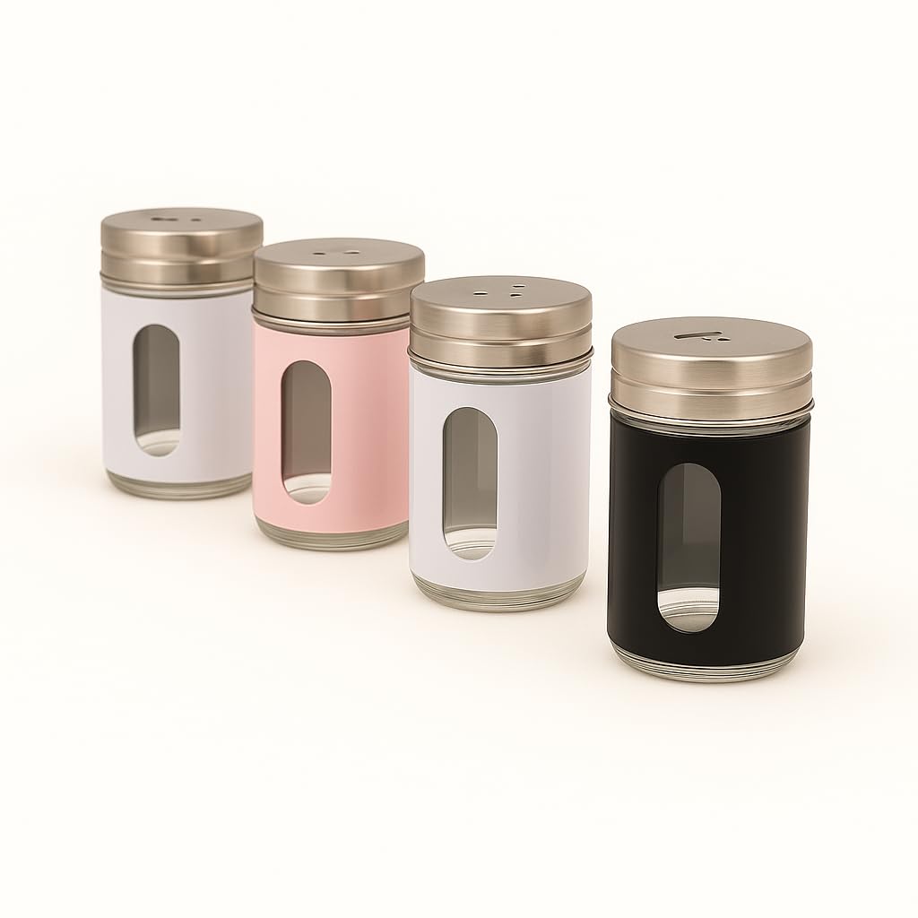 Gurubhai Equipments Salt & Pepper Shaker Set - 4 Piece Glass Seasoning Dispenser Bottles & Transparent Window | Tabletop Salt and Paper Dispenser for Kitchen & Dining Use (Multicolour)
