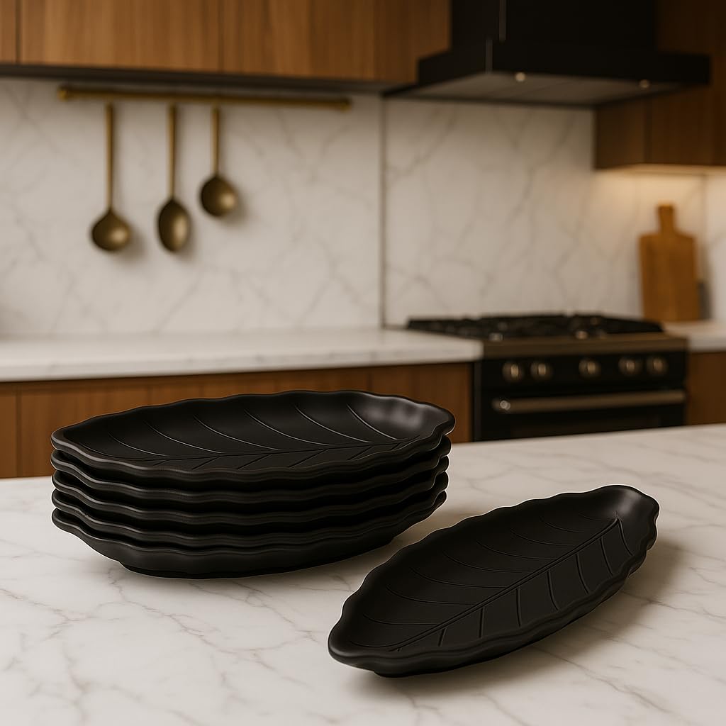 GURUBHAI EQUIPMENTS Leaf-Shaped Melamine Platter Set of 6 | 28cm Decorative Serving Trays for Snacks, Appetizers & Desserts | Matte-Finish Serving Platter for Home, Parties & Restaurants