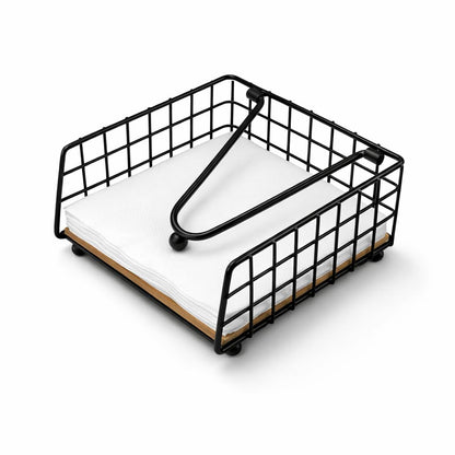 Gurubhai Equipments Metal Wire Napkin Holder with Wooden Base | Square Tabletop Tissue Paper Holder with Pressure Arm | Black Napkin Stand for Dining Table, Restaurant & Cafe