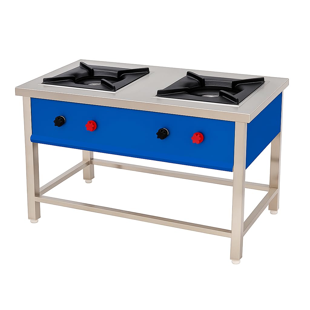 Gurubhai Equipments Commercial Stainless Steel Double Burner Gas Stove | Heavy-Duty Cooking Range with Backsplash & Control Valves for Restaurant, Hotel & Catering Kitchen