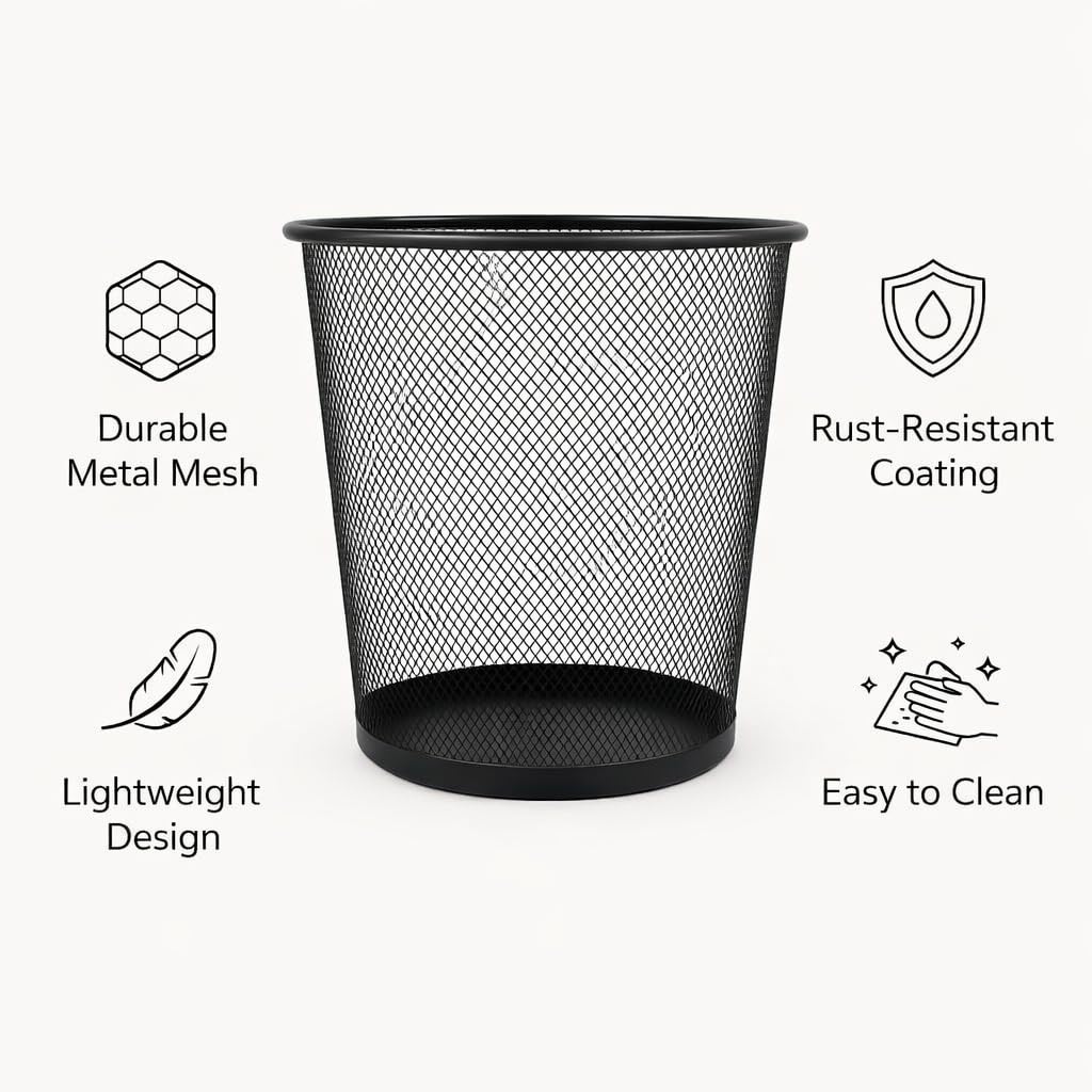 GURUBHAI EQUIPMENTS Metal Mesh Waste Bin | Black Dustbin for Office, Home, Kitchen, Study Room & Bathroom | Round Open Trash Can for Paper & Dry Waste (Steel Mesh, Rust-Resistant)