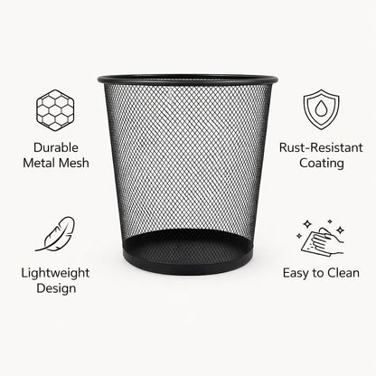GURUBHAI EQUIPMENTS Metal Mesh Waste Bin | Black Dustbin for Office, Home, Kitchen, Study Room & Bathroom | Round Open Trash Can for Paper & Dry Waste (Steel Mesh, Rust-Resistant)