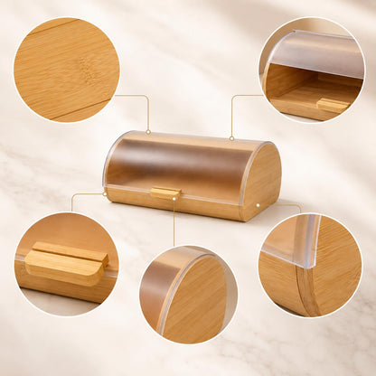 GURUBHAI EQUIPMENTS Bamboo Bread Box with Roll Top Cover | Large Bread Storage Box for Kitchen Counter | Keeps Bread Fresh | Modern Wooden Bread Bin for Home & Cafes