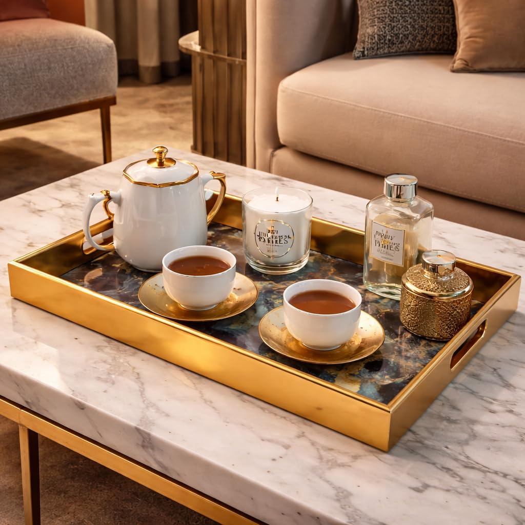 Gurubhai Equipments Luxury Serving Tray Set of 2 with Handles | Gold Metal Frame Abstract Blue Marble Design | Premium Decorative Trays for Dining, Home Décor, Gifting & Hotels