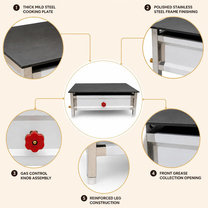 Gurubhai Equipments Stainless Steel Dosa Bhatti Hot Plate Counter with MS Top – Commercial Gas Griddle Bhatti for Restaurant, Hotel & Catering Use | Heavy-Duty Dosa Tawa Cooking Station